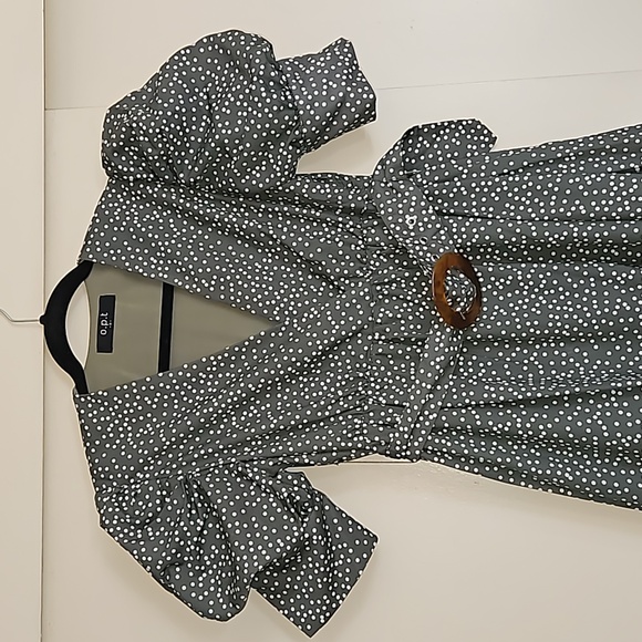 OPT Green Papin Short Balloon Sleeves Belted Midi Sundress Small Polka Dots - Picture 7 of 16